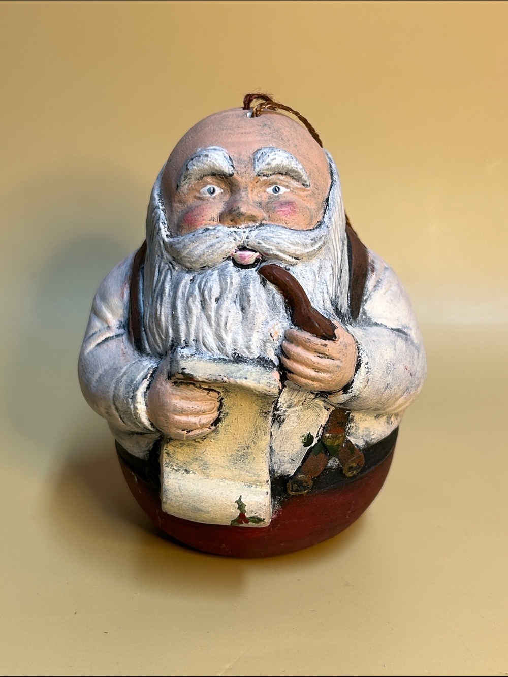 Vtg Santa 3.5" Round Bottom Christmas Ceramic Ornament W List And Pipe